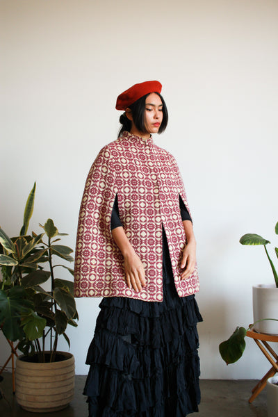 1960s Tile Pattern Print Woven Knit Cape