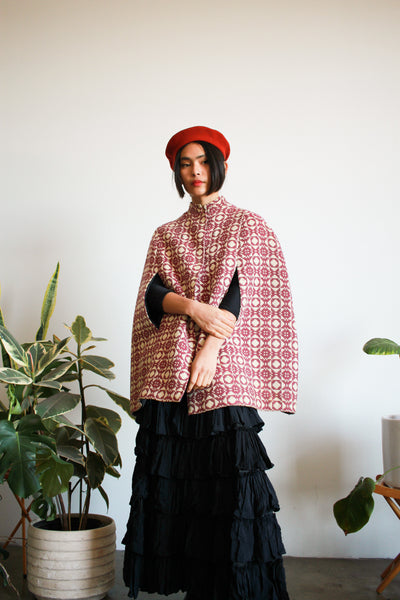 1960s Tile Pattern Print Woven Knit Cape