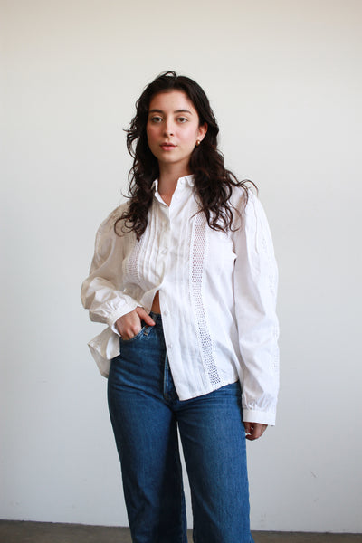 1970s White Cotton Pleated Long Sleeve Blouse
