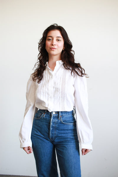 1970s White Cotton Pleated Long Sleeve Blouse