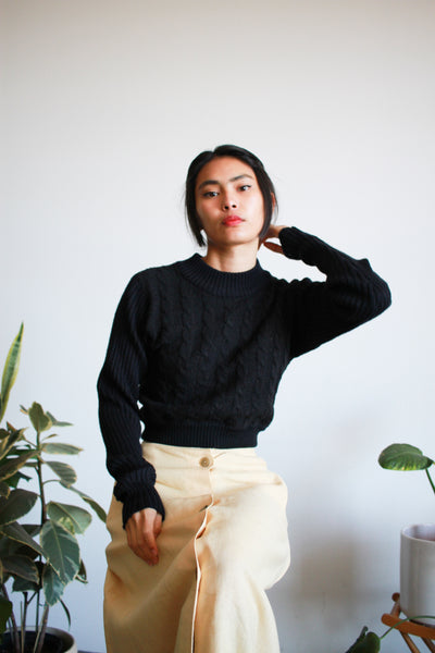 1980s Black Cableknit Crop Sweater