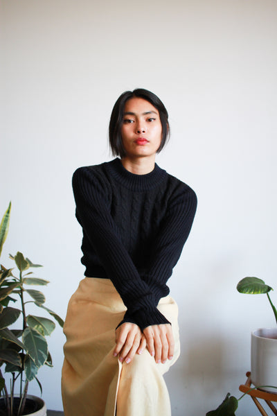 1980s Black Cableknit Crop Sweater