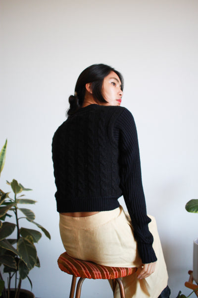 1980s Black Cableknit Crop Sweater