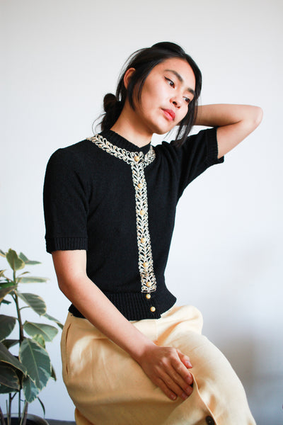 1930s Black Knit Gold Embroidered Sweater