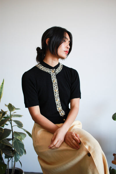 1930s Black Knit Gold Embroidered Sweater