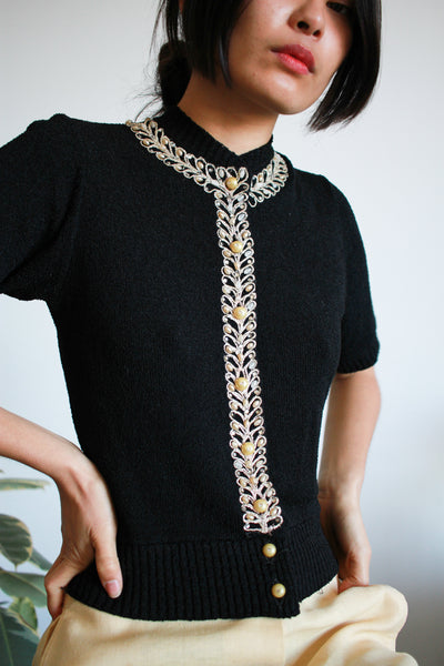 1930s Black Knit Gold Embroidered Sweater