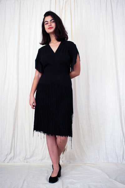 1940s Black Rayon Crepe Fringe Dress