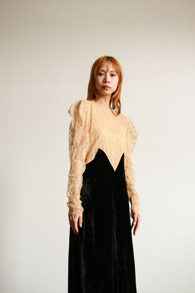 1930s Black Silk Velvet Lace Dress