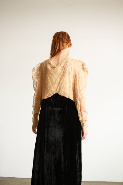 1930s Black Silk Velvet Lace Dress