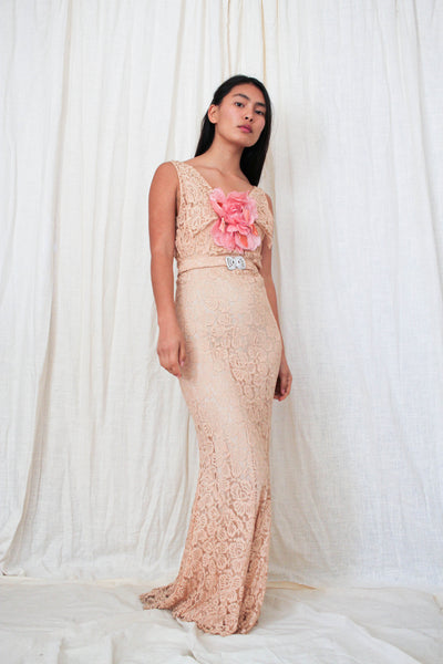 1930s Art Deco Blush Lace Gown Set