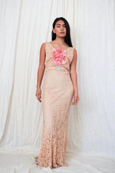 1930s Art Deco Blush Lace Gown Set