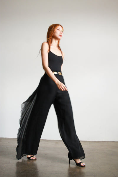 1990s Genny Black Silk Chiffon Ruffled Pants