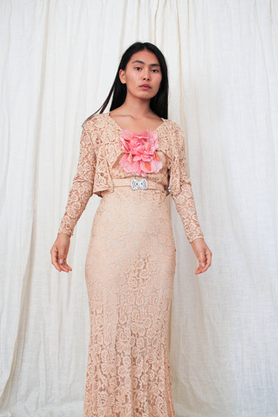 1930s Art Deco Blush Lace Gown Set