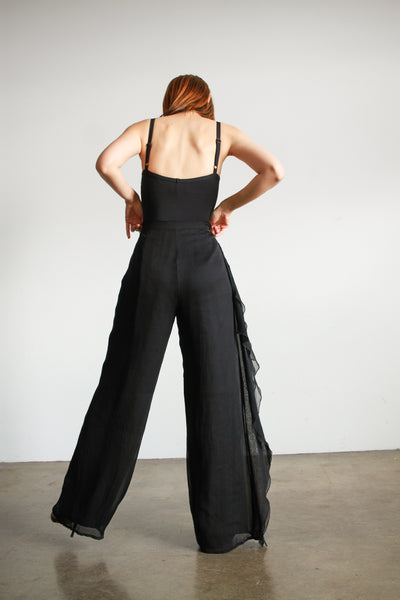 1990s Genny Black Silk Chiffon Ruffled Pants
