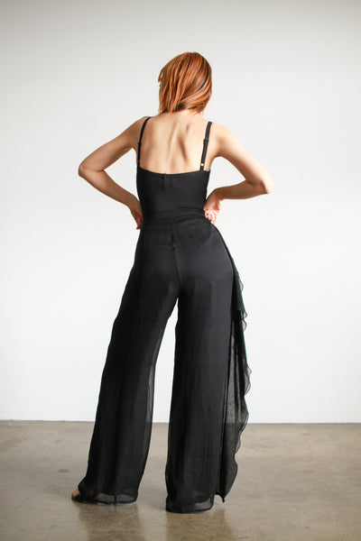 1990s Genny Black Silk Chiffon Ruffled Pants