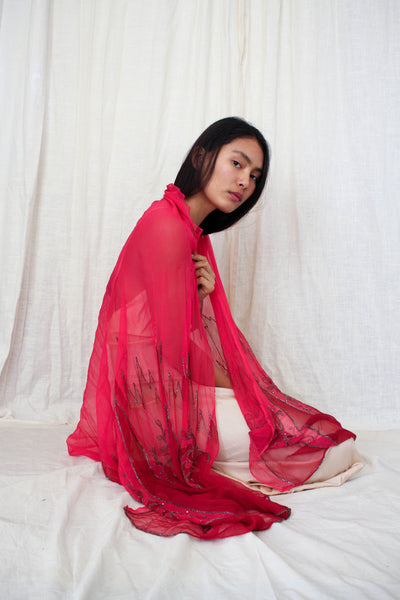 1920s Fucshia Chiffon Glass Beaded Art Deco Shawl