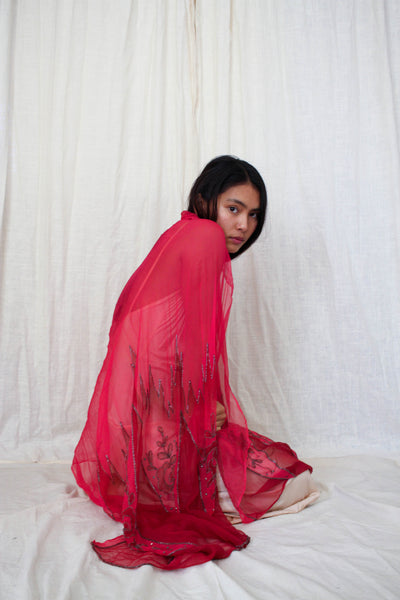 1920s Fucshia Chiffon Glass Beaded Art Deco Shawl