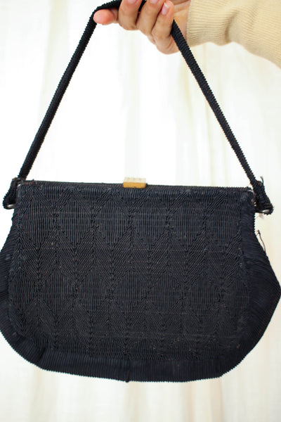 1940s Ribbon Knit Black Handbag