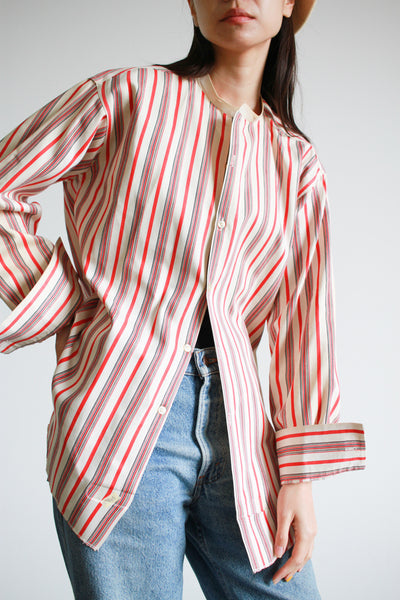 1920s Silk Gabardine Red Striped Button Up Shirt