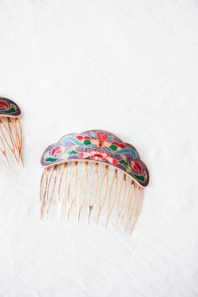 1970s Gold Plated Cloisonne Matching Hair Combs