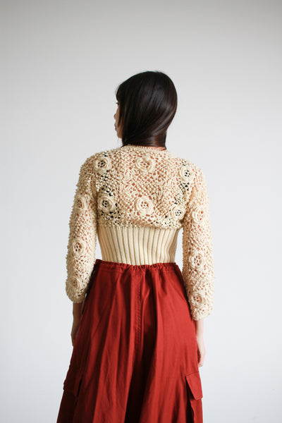 1960s Bullocks Cream Crochet Knit Crop Sweater