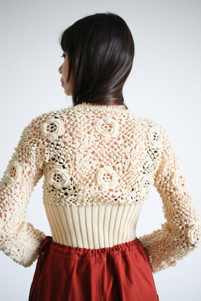 1960s Bullocks Cream Crochet Knit Crop Sweater