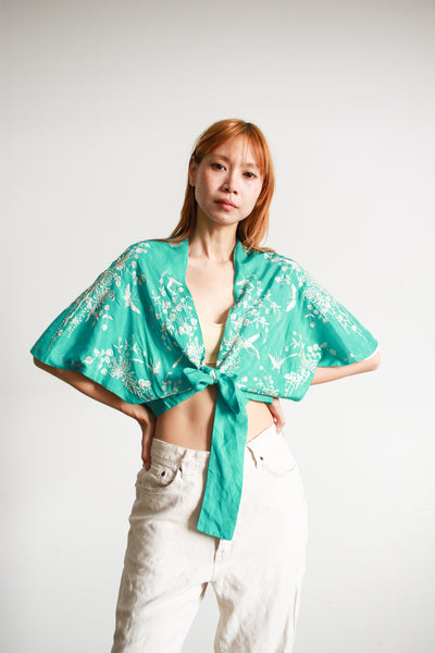 1930s Aquamarine Silk Embroidered Capelet Blouse