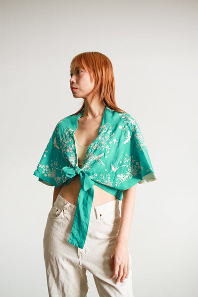 1930s Aquamarine Silk Embroidered Capelet Blouse