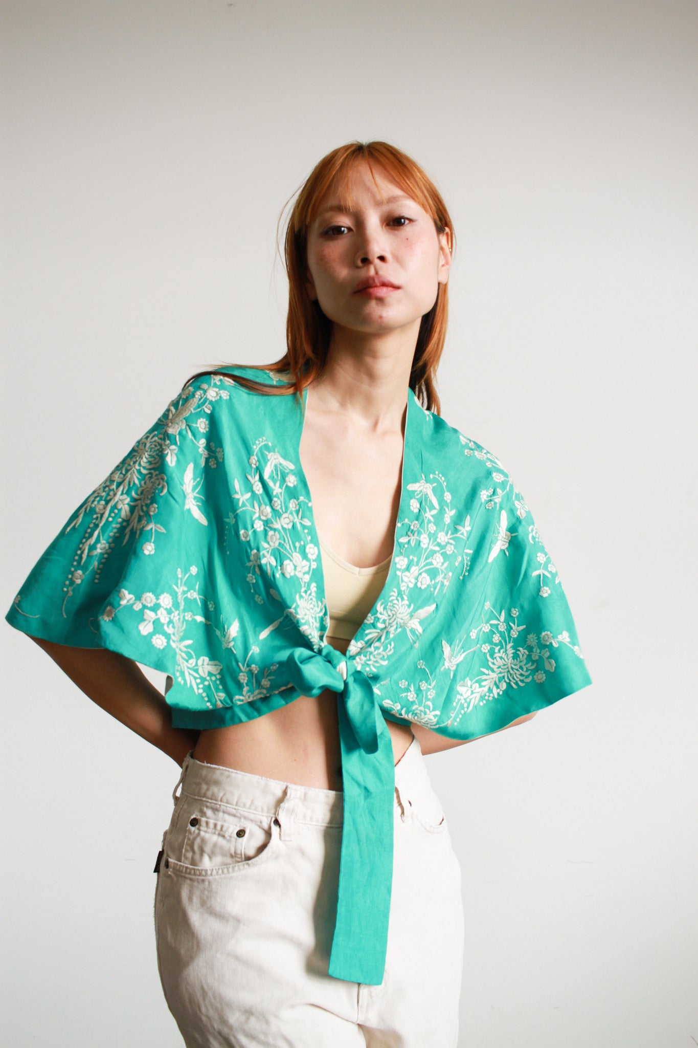 1930s Aquamarine Silk Embroidered Capelet Blouse