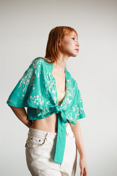 1930s Aquamarine Silk Embroidered Capelet Blouse