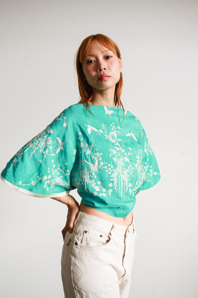 1930s Aquamarine Silk Embroidered Capelet Blouse