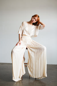 1980s Ecru Damask Silk Pleated Palazzo Pants