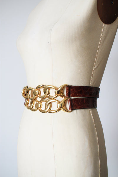 1980s Brown Leather Crocodile Gold Link Belt