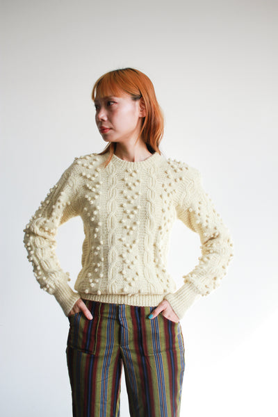 1970s Cream Popcorn Knit Wool Sweater