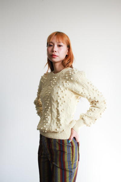 1970s Cream Popcorn Knit Wool Sweater
