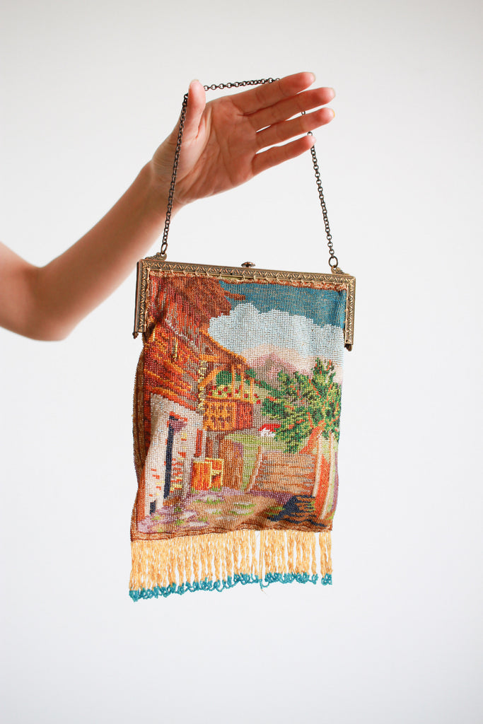 Antique 1920s Beaded Drawstring Purse, Vintage Flapper Era Beaded Handbag,  Vintage Beaded Evening Bag