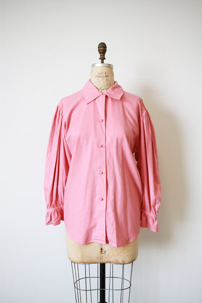 1980s Pink Raw Silk Balloon Sleeve Blouse