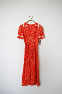 1930s Red Tulip Print Silk Midi Dress