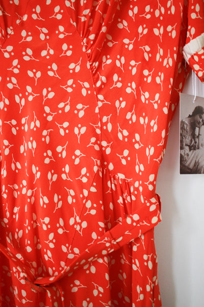 1930s Red Tulip Print Silk Midi Dress