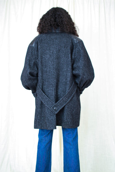 1980s Black Speckled Wool Leather Coat
