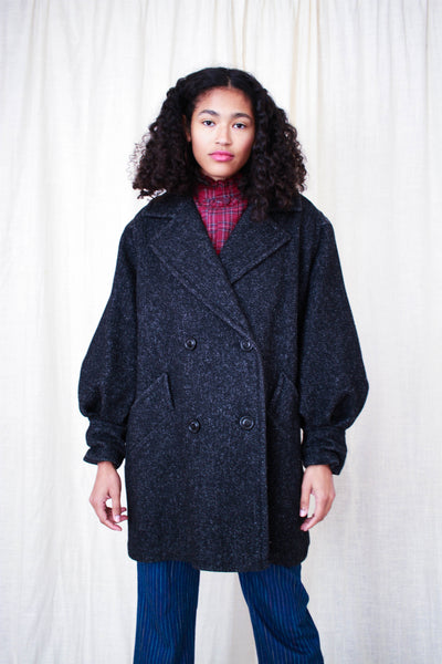1980s Black Speckled Wool Leather Coat