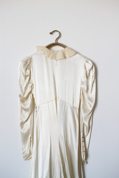 1940s Cream Liquid Satin Puff Sleeve Wedding Gown