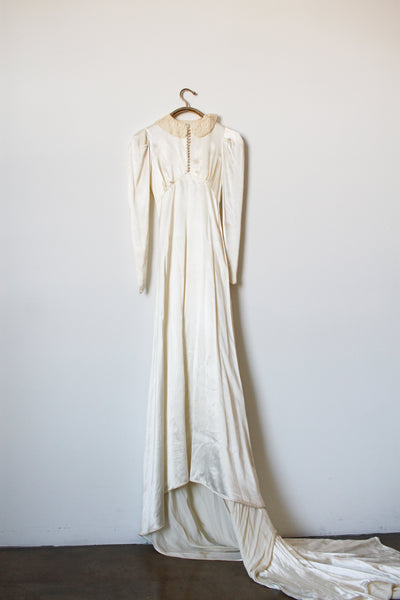 1940s Cream Liquid Satin Puff Sleeve Wedding Gown