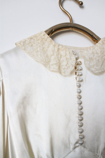 1940s Cream Liquid Satin Puff Sleeve Wedding Gown