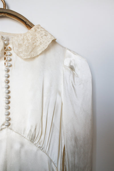 1940s Cream Liquid Satin Puff Sleeve Wedding Gown