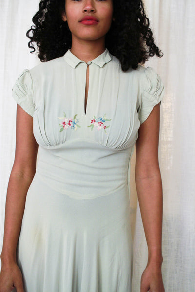 1940s Mossy Green Crepe Embroidered Dress