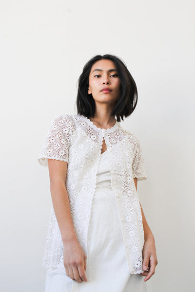 1980s White Floral Crochet Cardigan