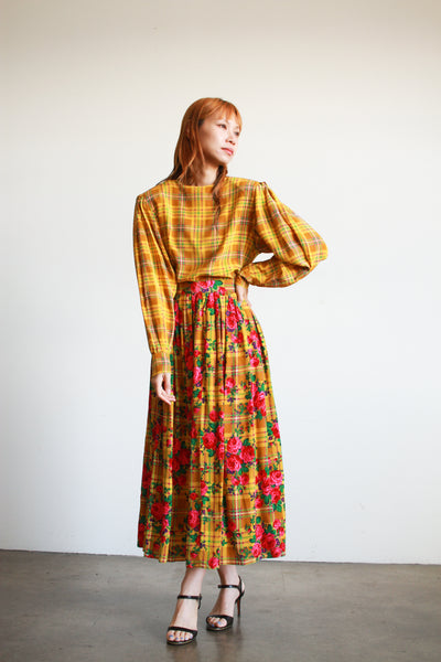 1980s Gloria Sachs Silk Floral Plaid Print Set