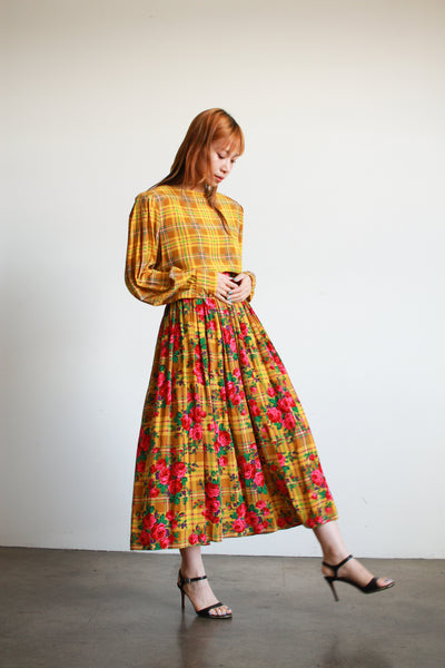 1980s Gloria Sachs Silk Floral Plaid Print Set