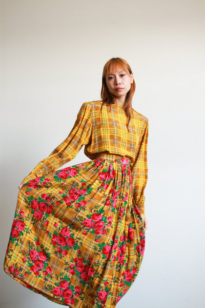 1980s Gloria Sachs Silk Floral Plaid Print Set